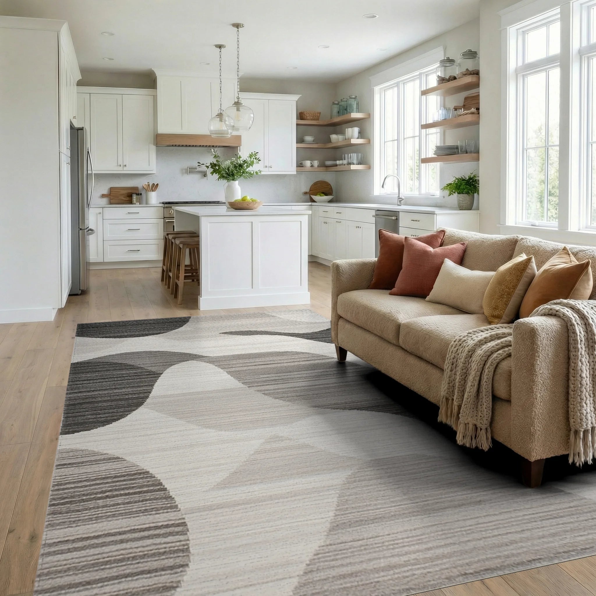 Monochromatic Abstract Wave Landscape Rug - Living Room View