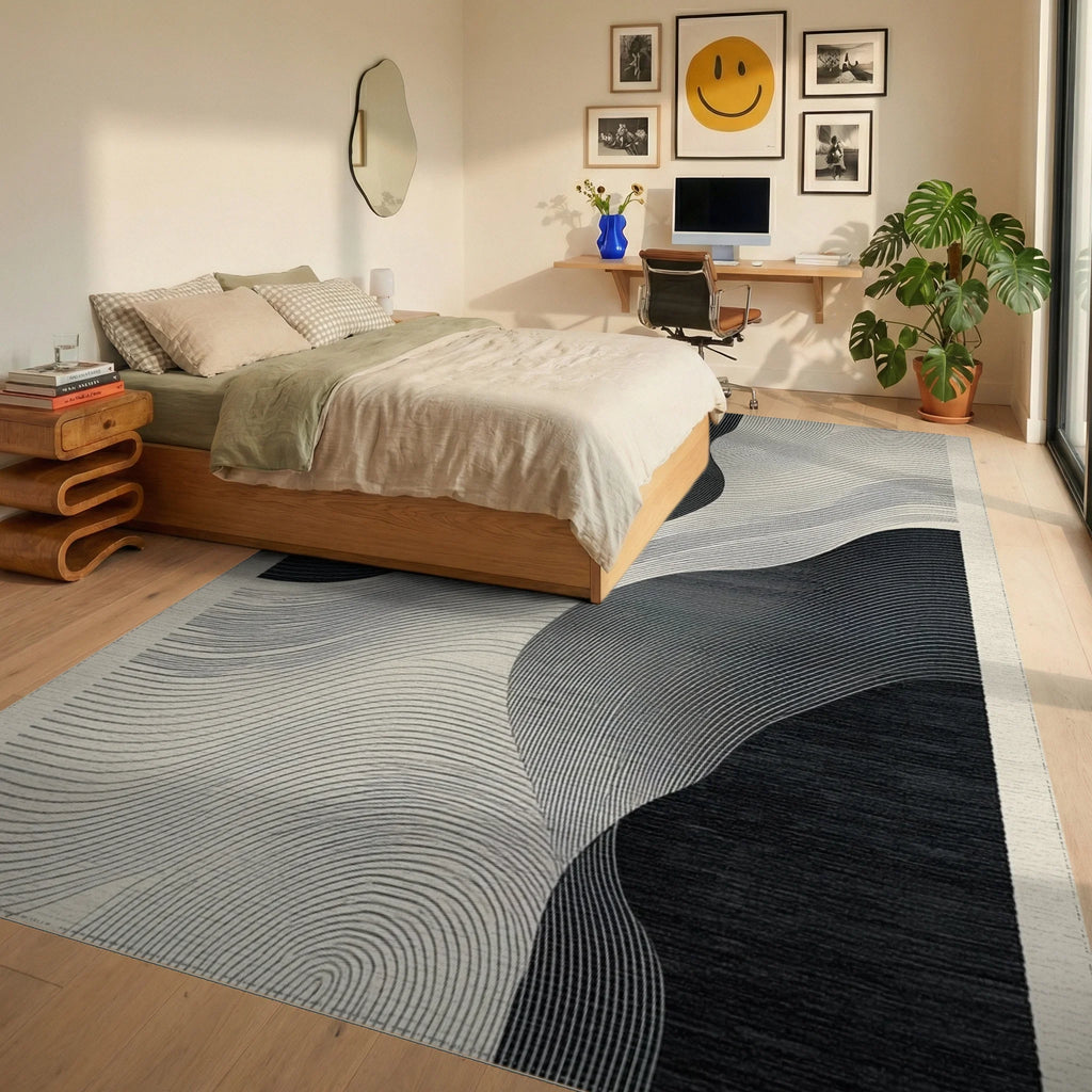 Monochromatic Abstract Wave Organic Forms Rug - Bedroom View