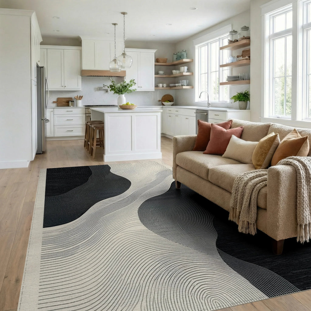 Monochromatic Abstract Wave Organic Forms Rug - Living Room View