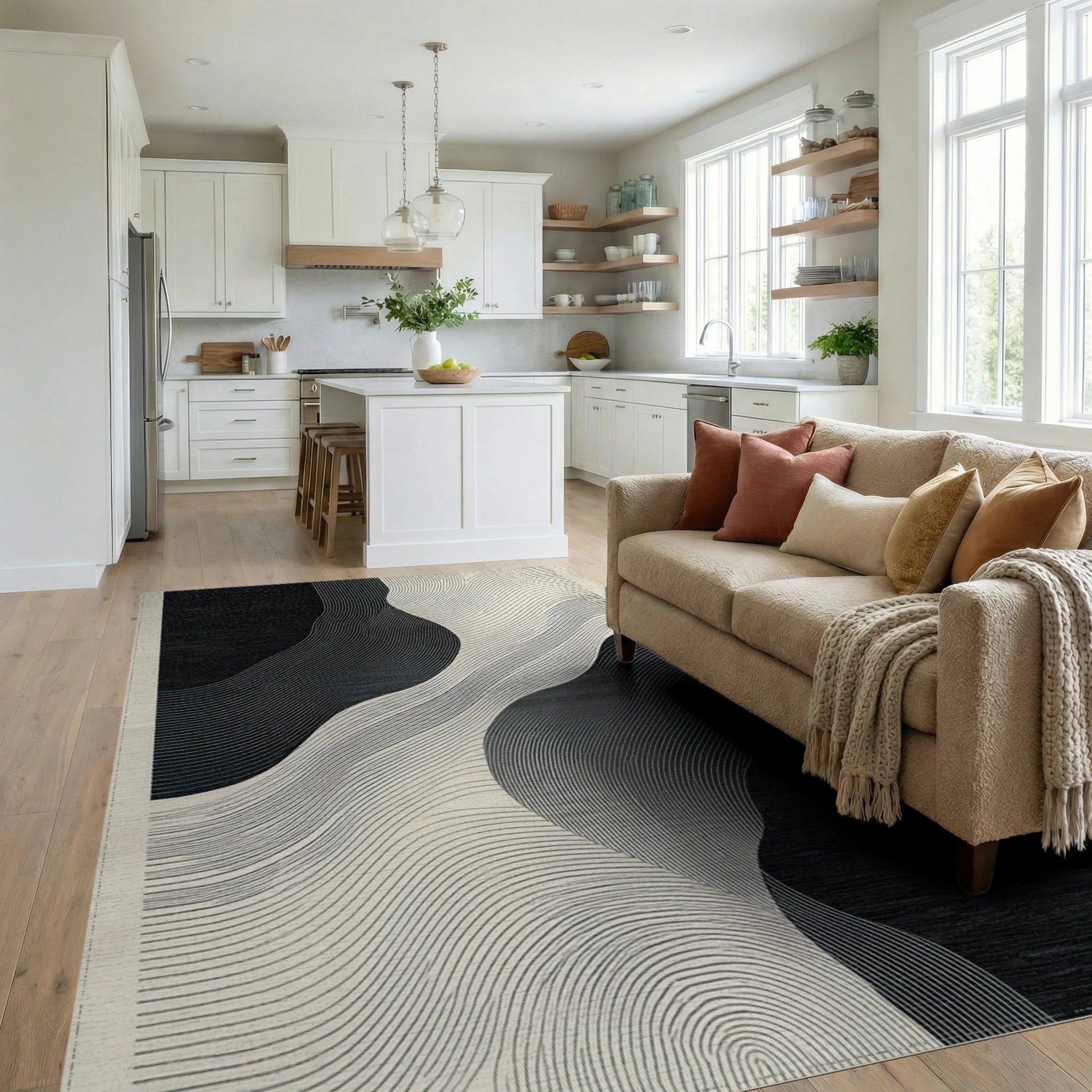 Monochromatic Abstract Wave Organic Forms Rug - Living Room View