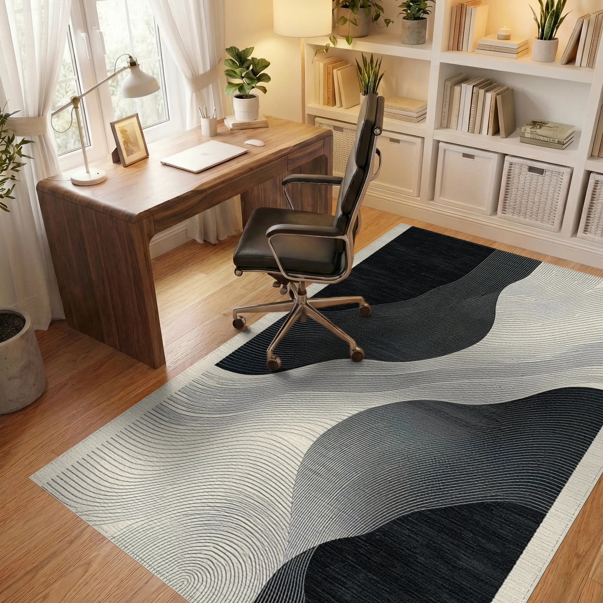Monochromatic Abstract Wave Organic Forms Rug - Office View