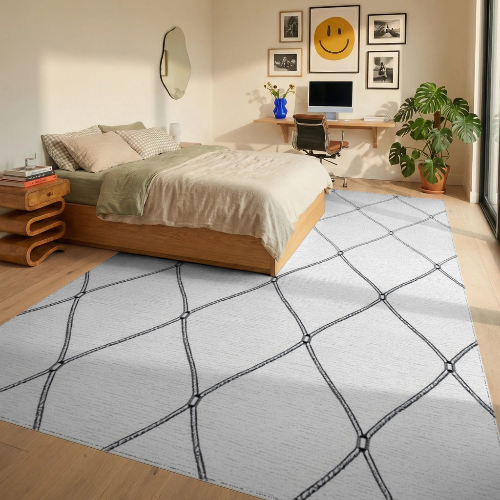 Monochromatic Diamond Netting Rug - Bedroom View