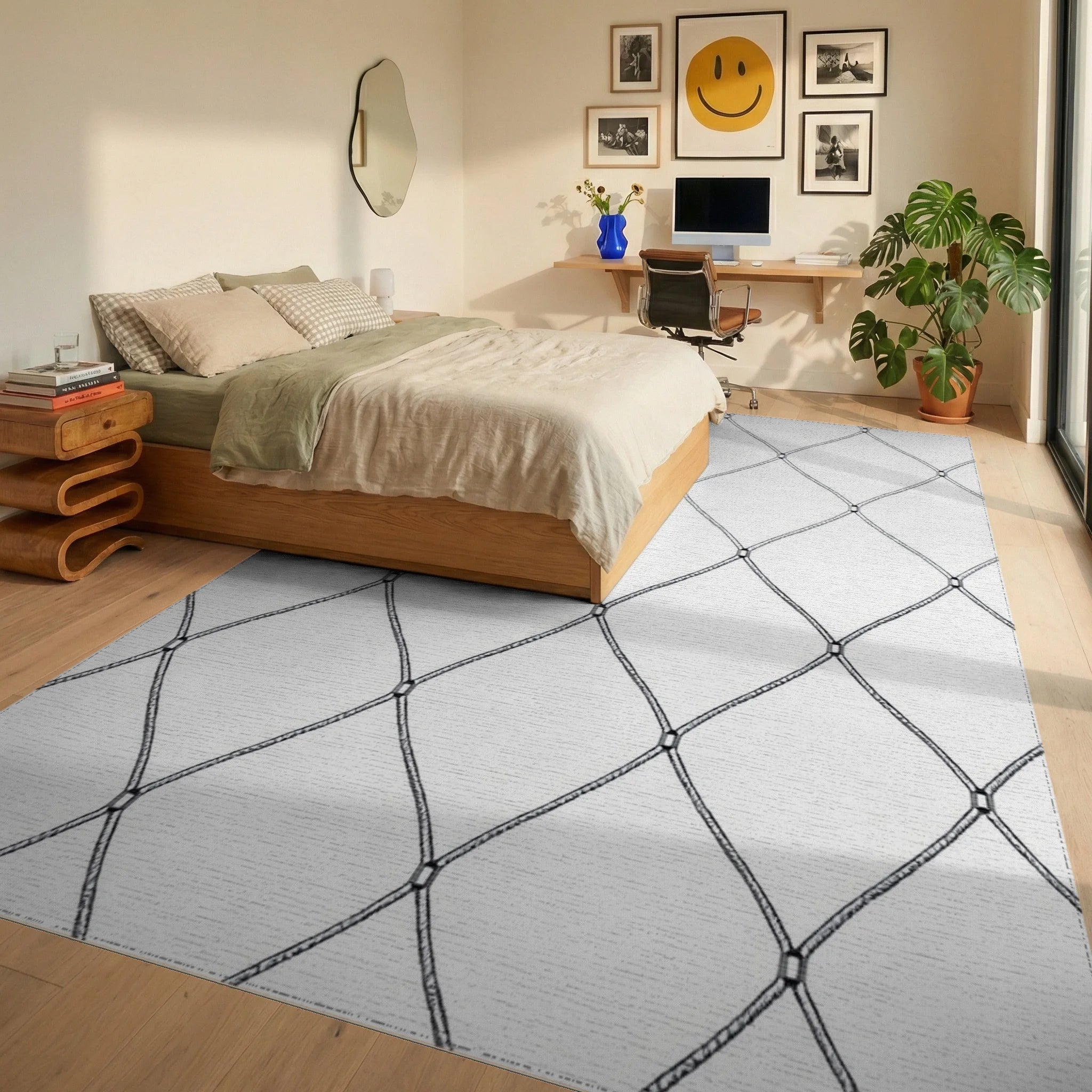 Monochromatic Diamond Netting Rug - Bedroom View