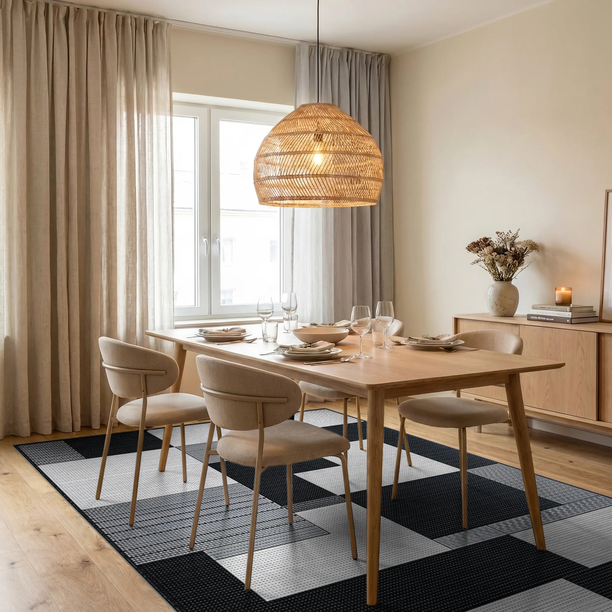 Monochromatic Geometric Block Arrangement Rug - Dining Room View