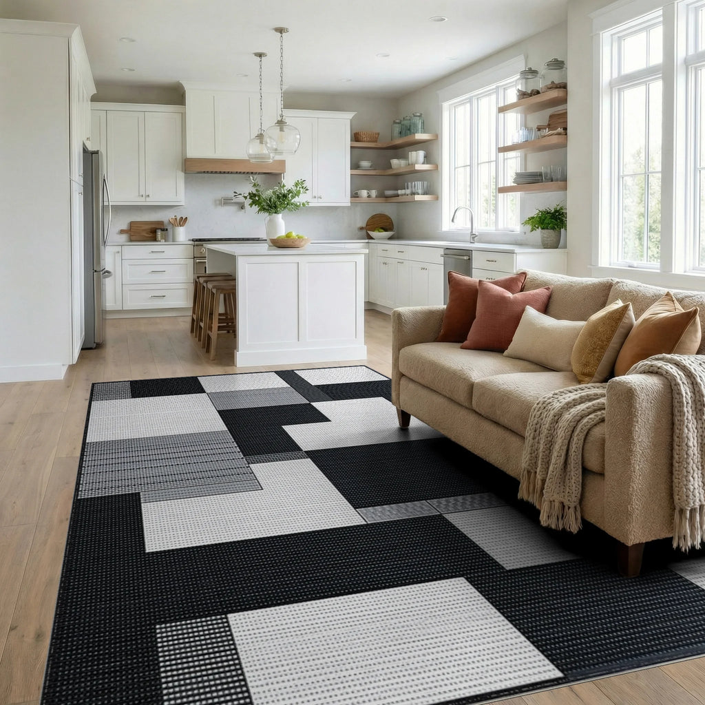 Monochromatic Geometric Block Arrangement Rug - Living Room View