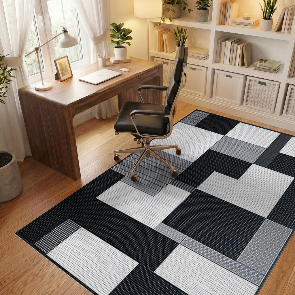 Monochromatic Geometric Block Arrangement Rug - Office View