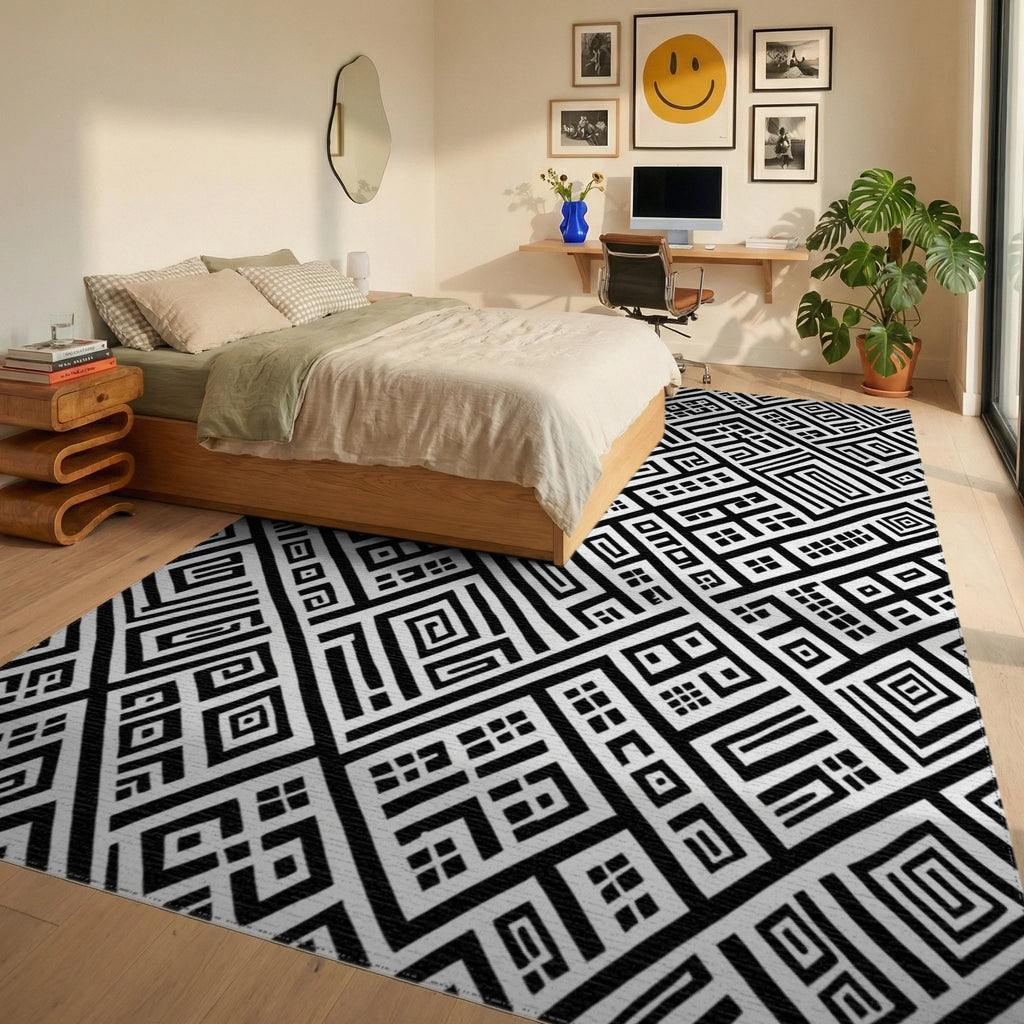 Monochromatic Geometric Maze Rectangles Rug Bedroom View