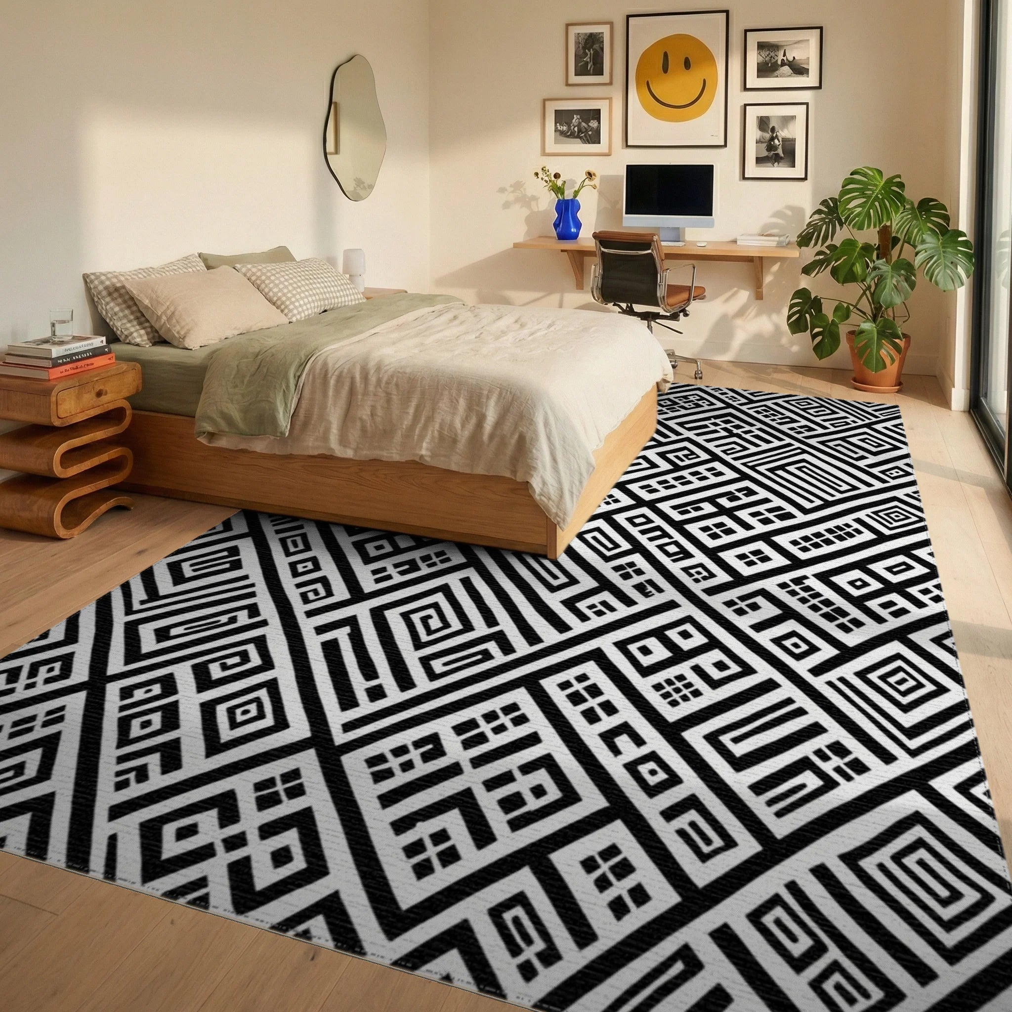 Monochromatic Geometric Maze Rectangles Rug Bedroom View