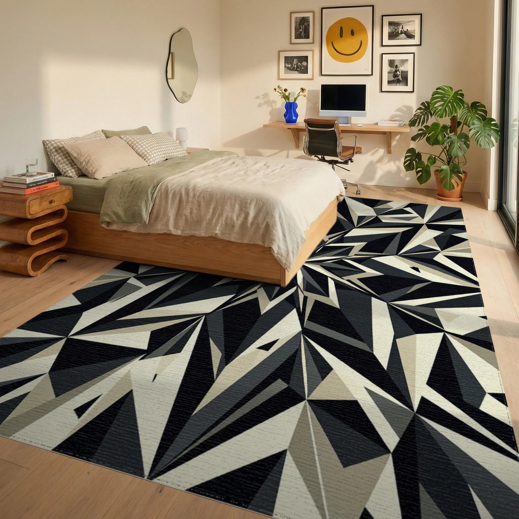 Monochromatic Geometric Starburst Rug Bedroom View