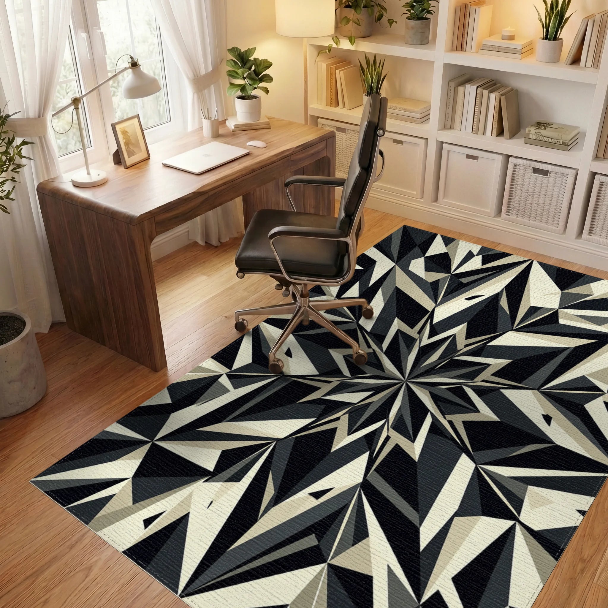 Monochromatic Geometric Starburst Rug Office View