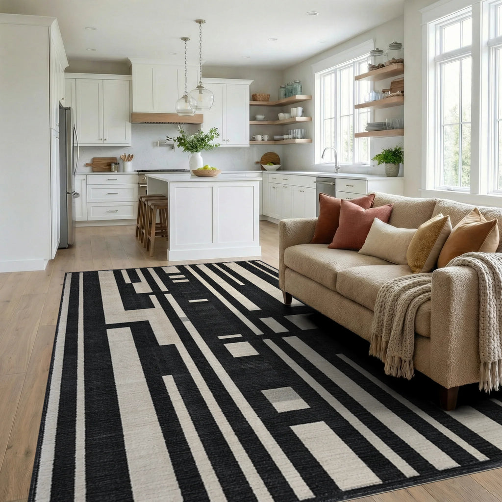 Monochromatic Geometric Stripe Arrangement Rug Living Room View