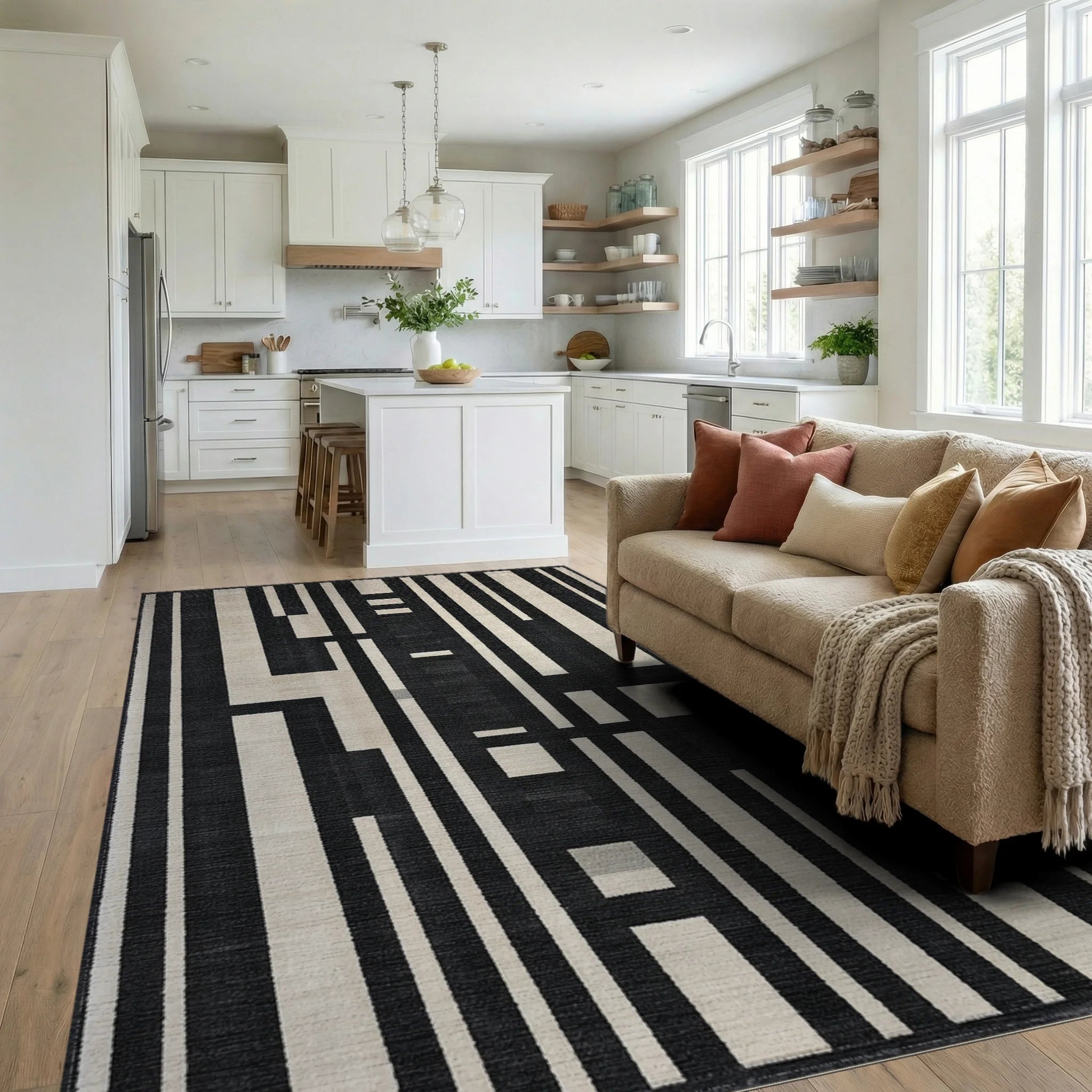 Monochromatic Geometric Stripe Arrangement Rug Living Room View
