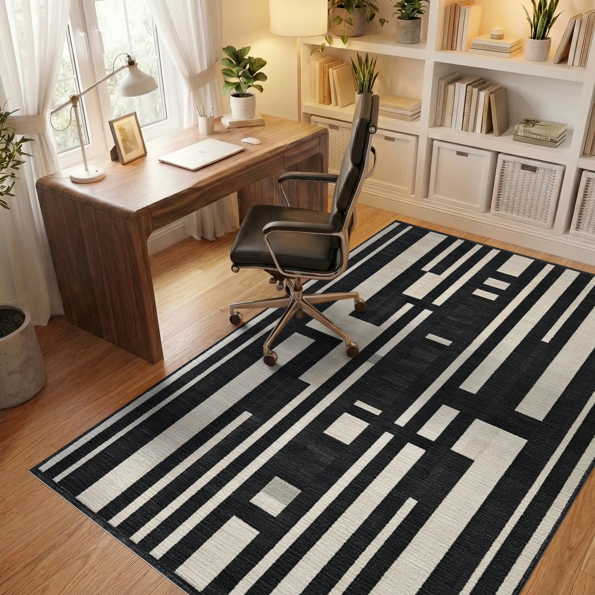 Monochromatic Geometric Stripe Arrangement Rug Office View