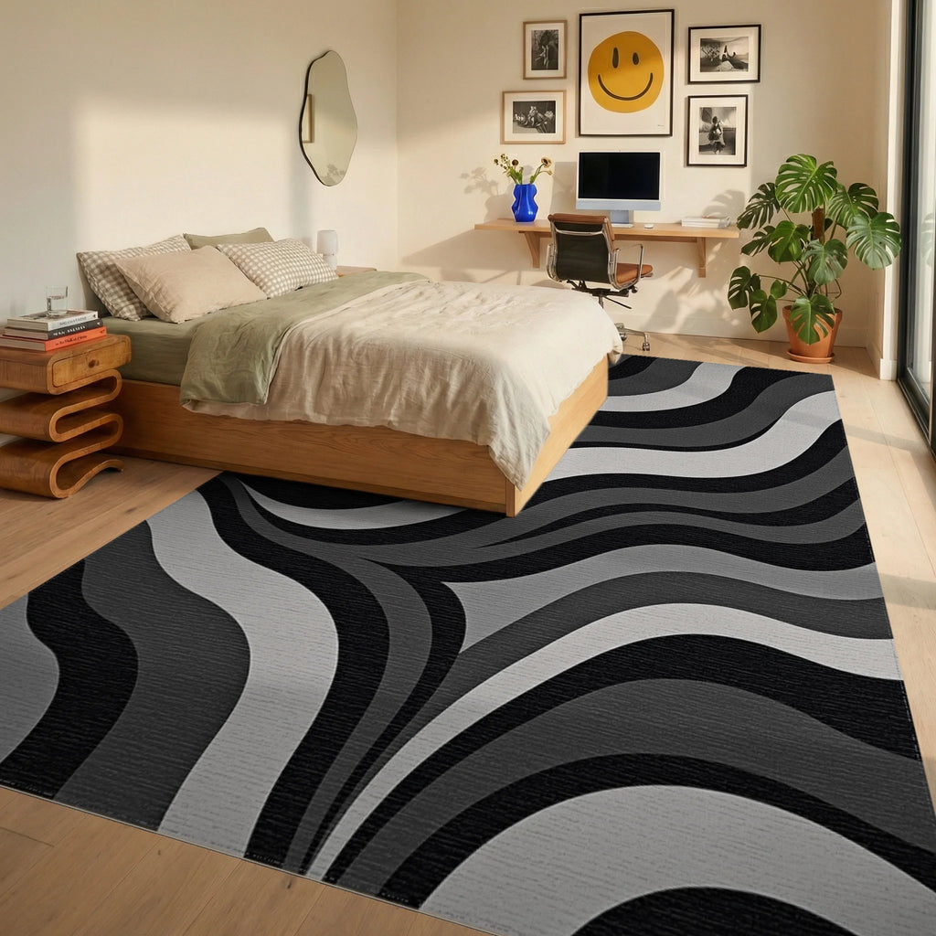 Monochromatic Gradated Wave Rug - Bedroom View