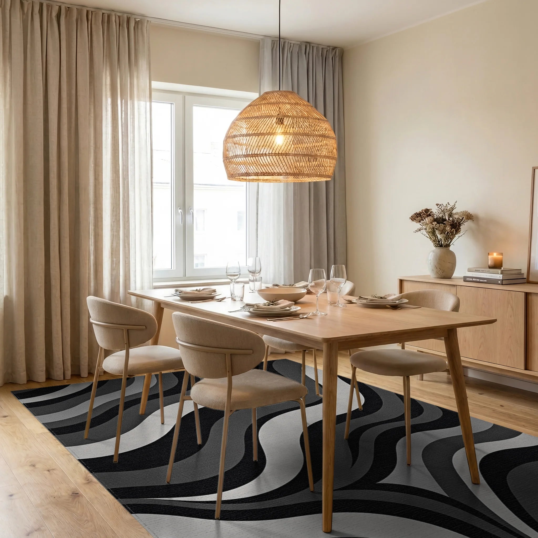 Monochromatic Gradated Wave Rug - Dining Room View