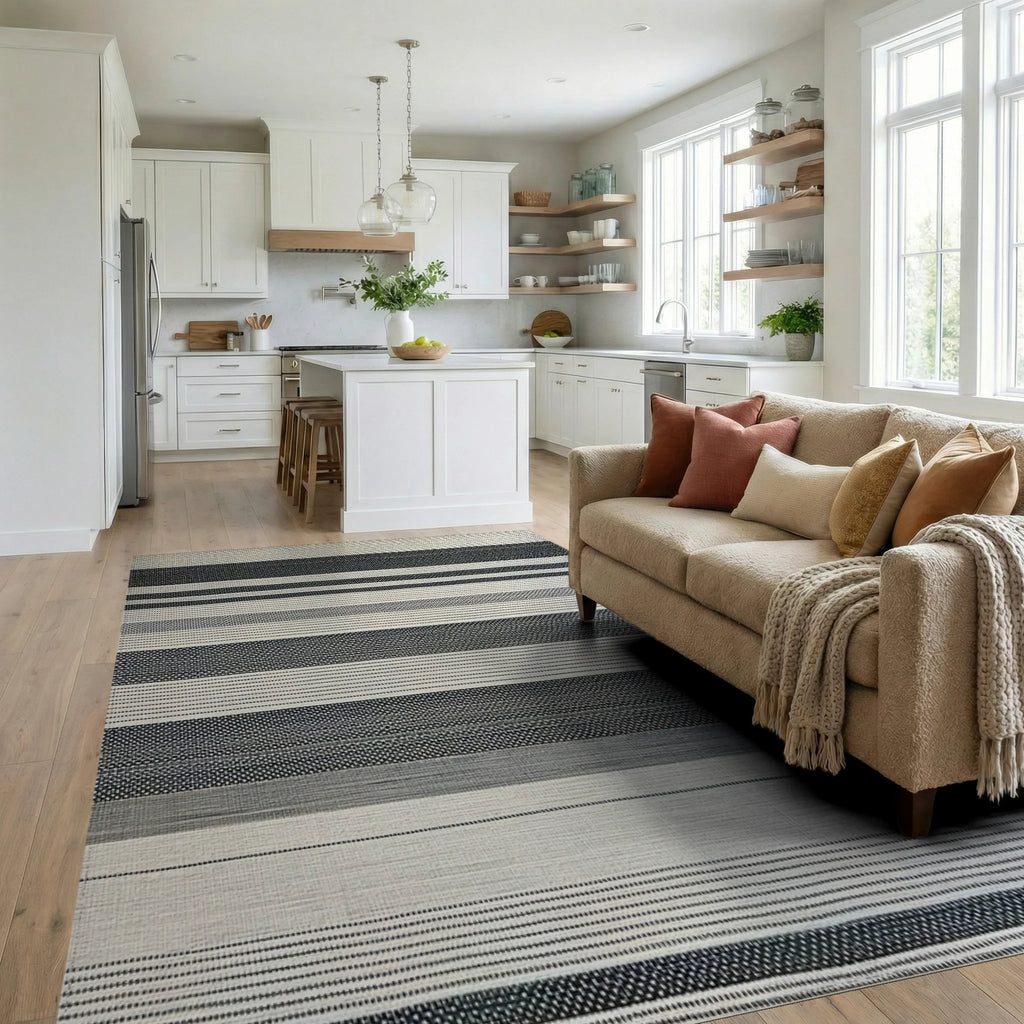Monochromatic Gradient Stripe Weave Rug - Living Room View