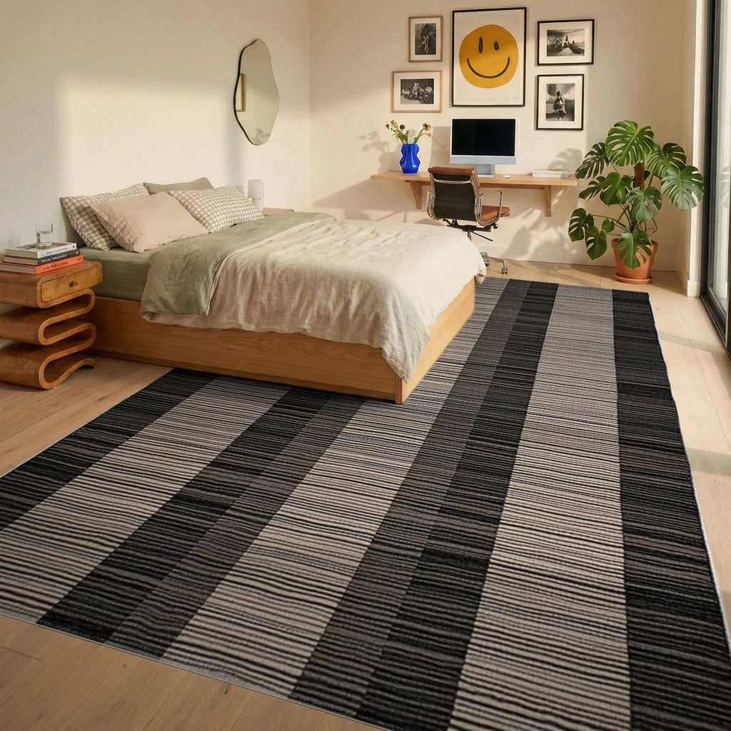 Monochromatic Stripes Wide Bands Rug - Bedroom View