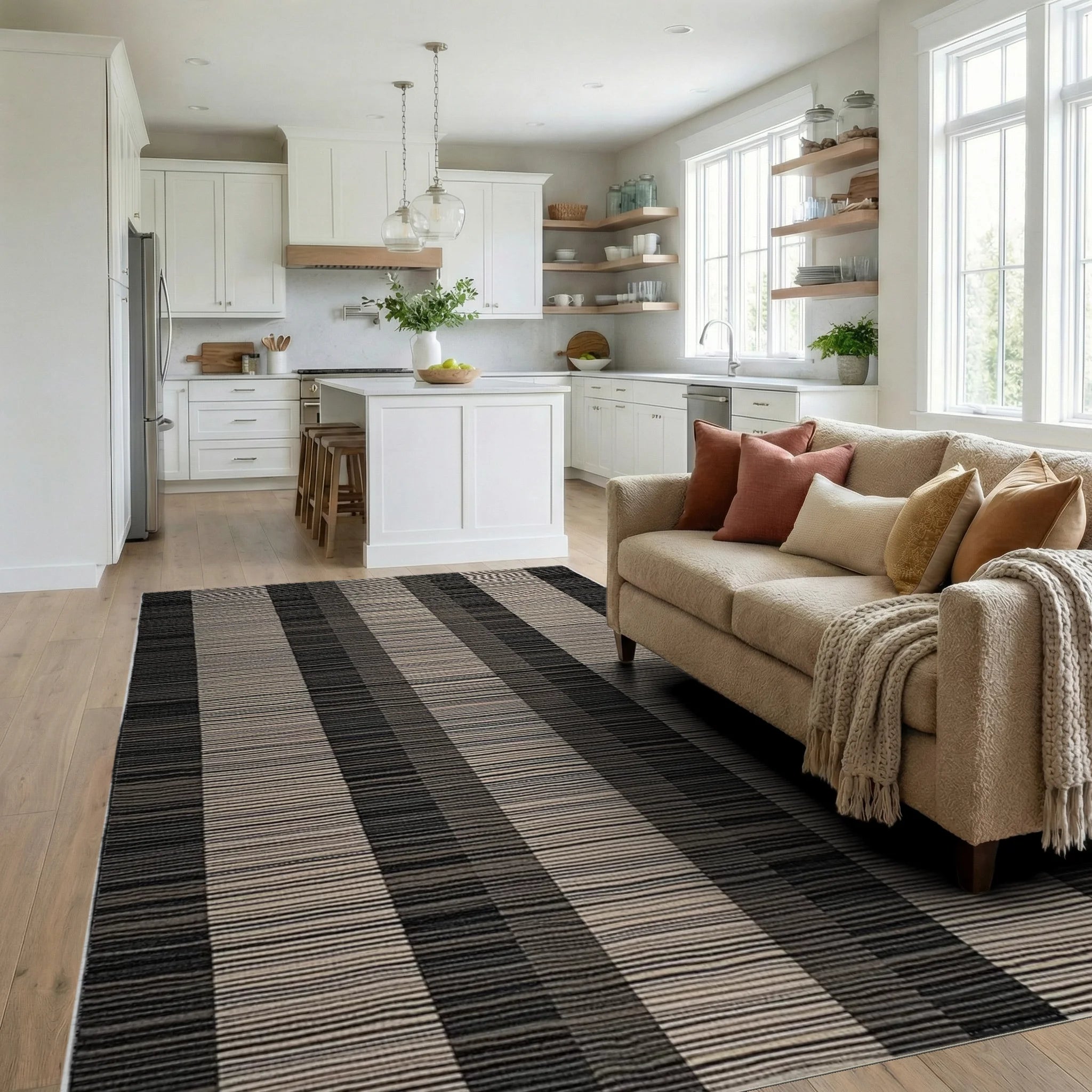 Monochromatic Stripes Wide Bands Rug - Living Room View