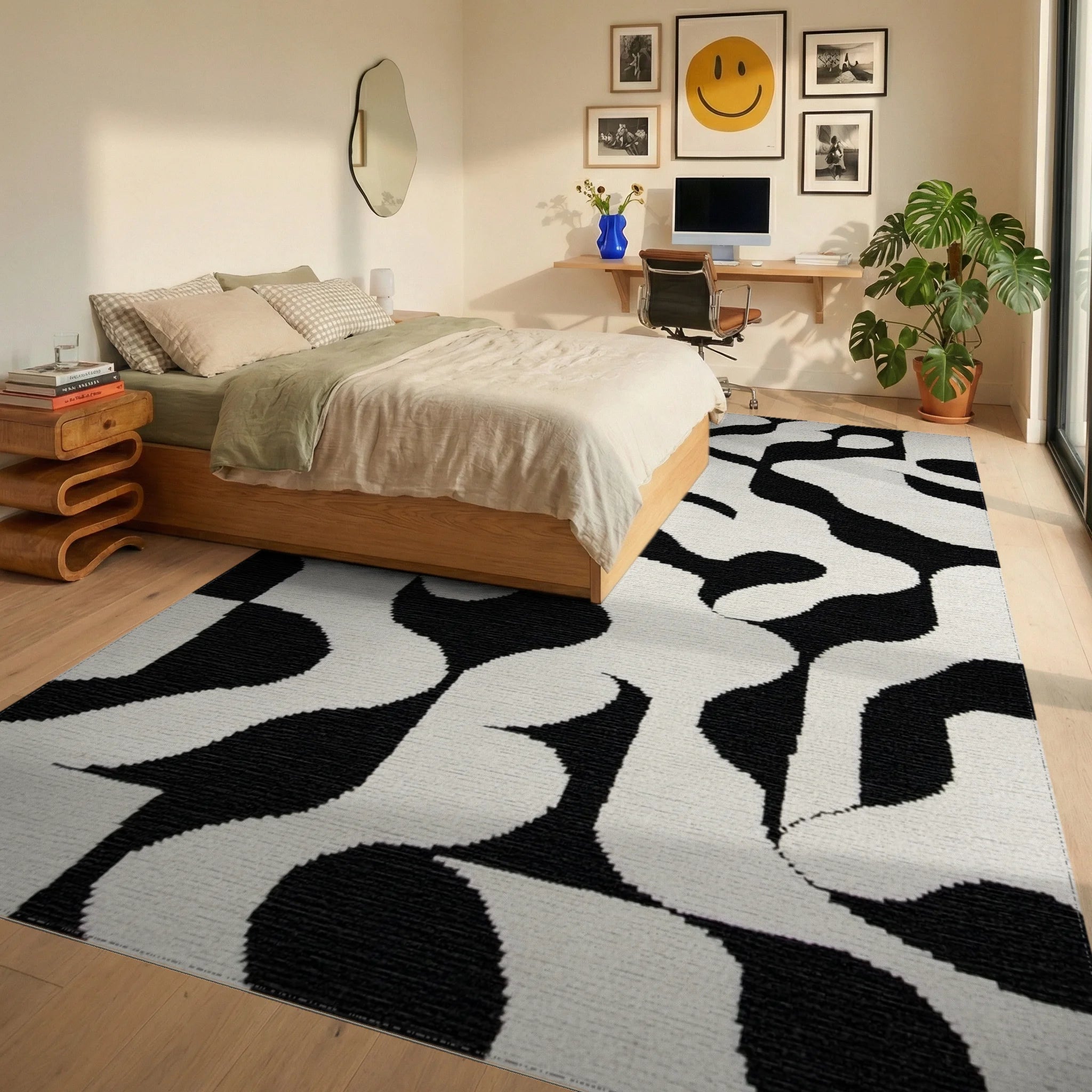 Monochrome Abstract Amorphous Shape Rug - Bedroom View
