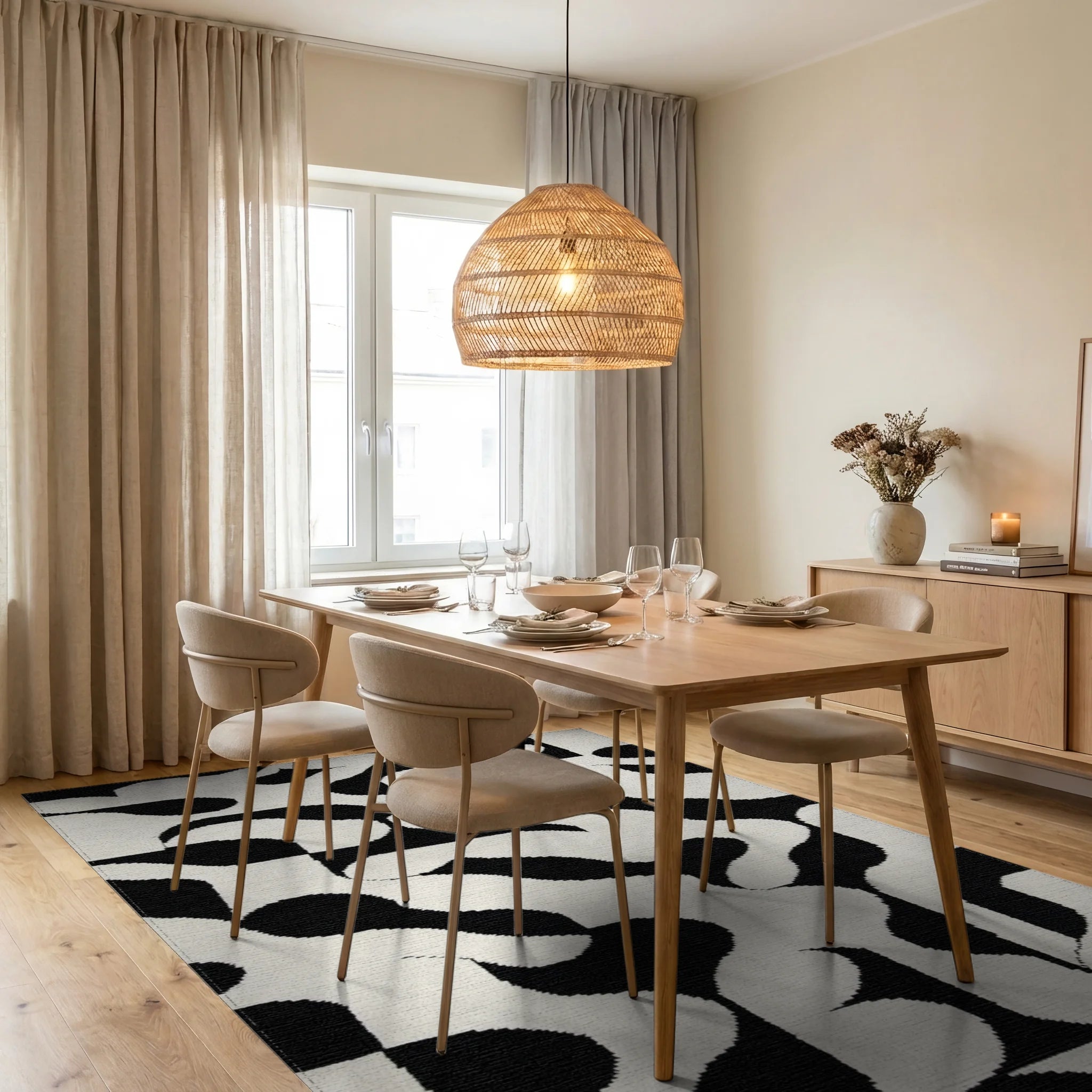 Monochrome Abstract Amorphous Shape Rug - Dining Room View