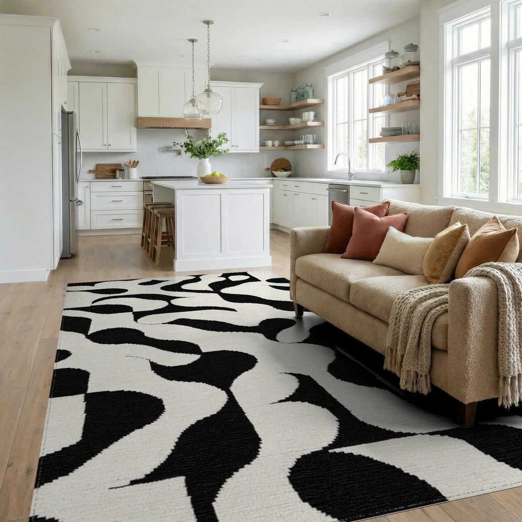 Monochrome Abstract Amorphous Shape Rug - Living Room View