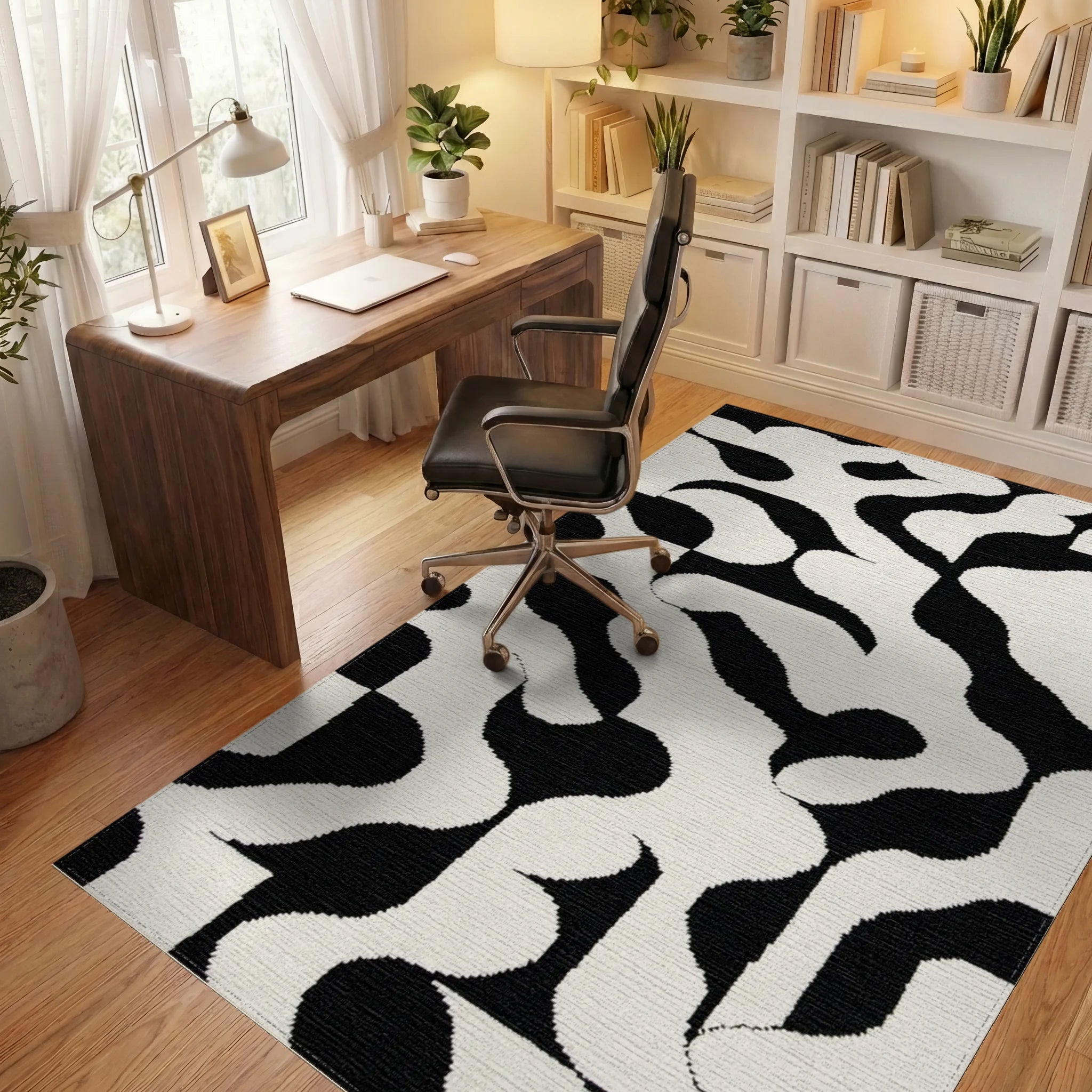 Monochrome Abstract Amorphous Shape Rug - Office View