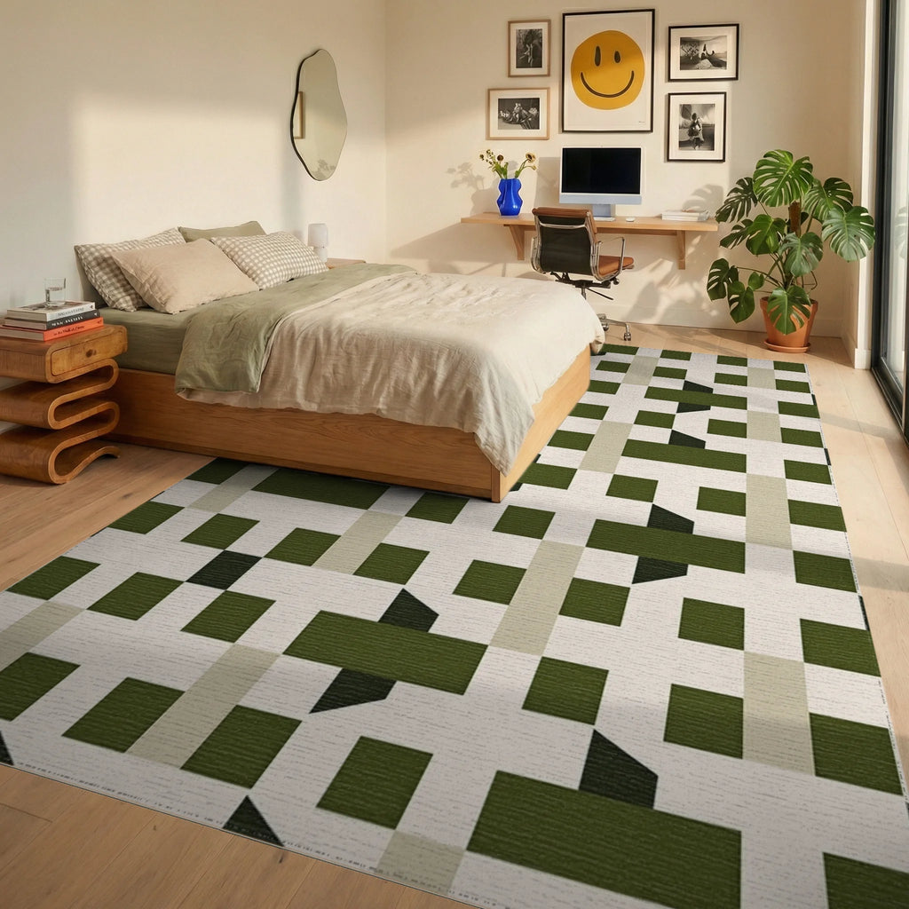 Monochrome Geometric Interlocking Squares Rug Bedroom View