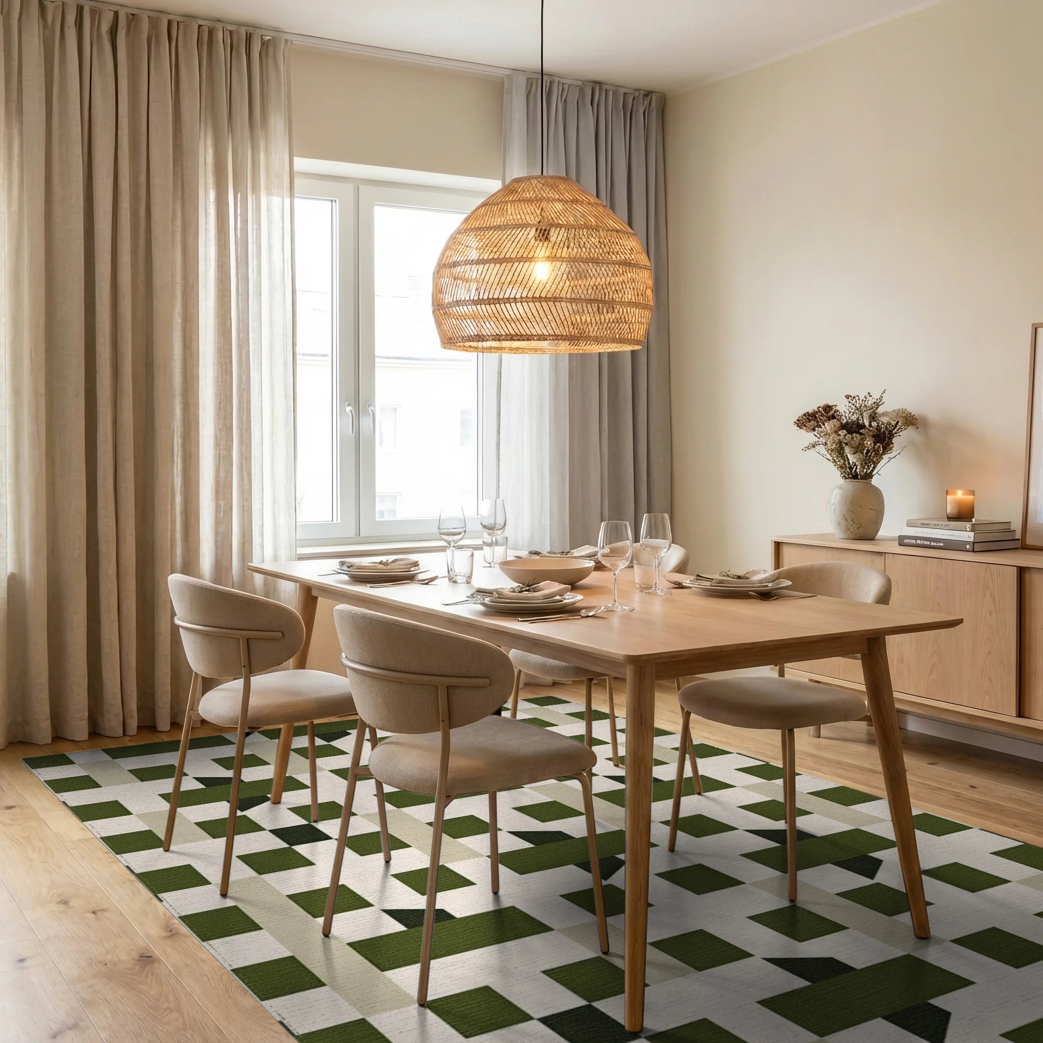 Monochrome Geometric Interlocking Squares Rug Dining Room View