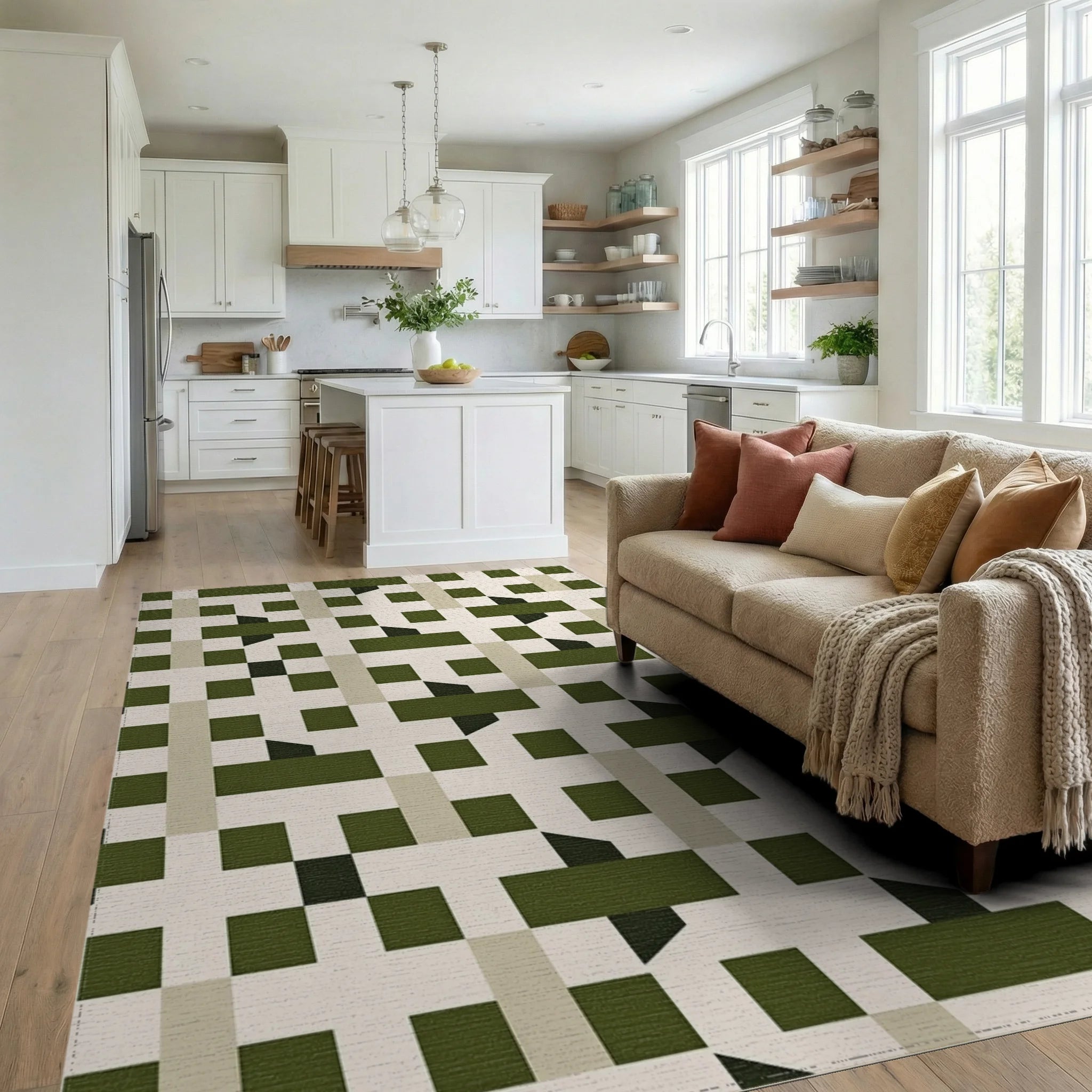 Monochrome Geometric Interlocking Squares Rug Living Room View
