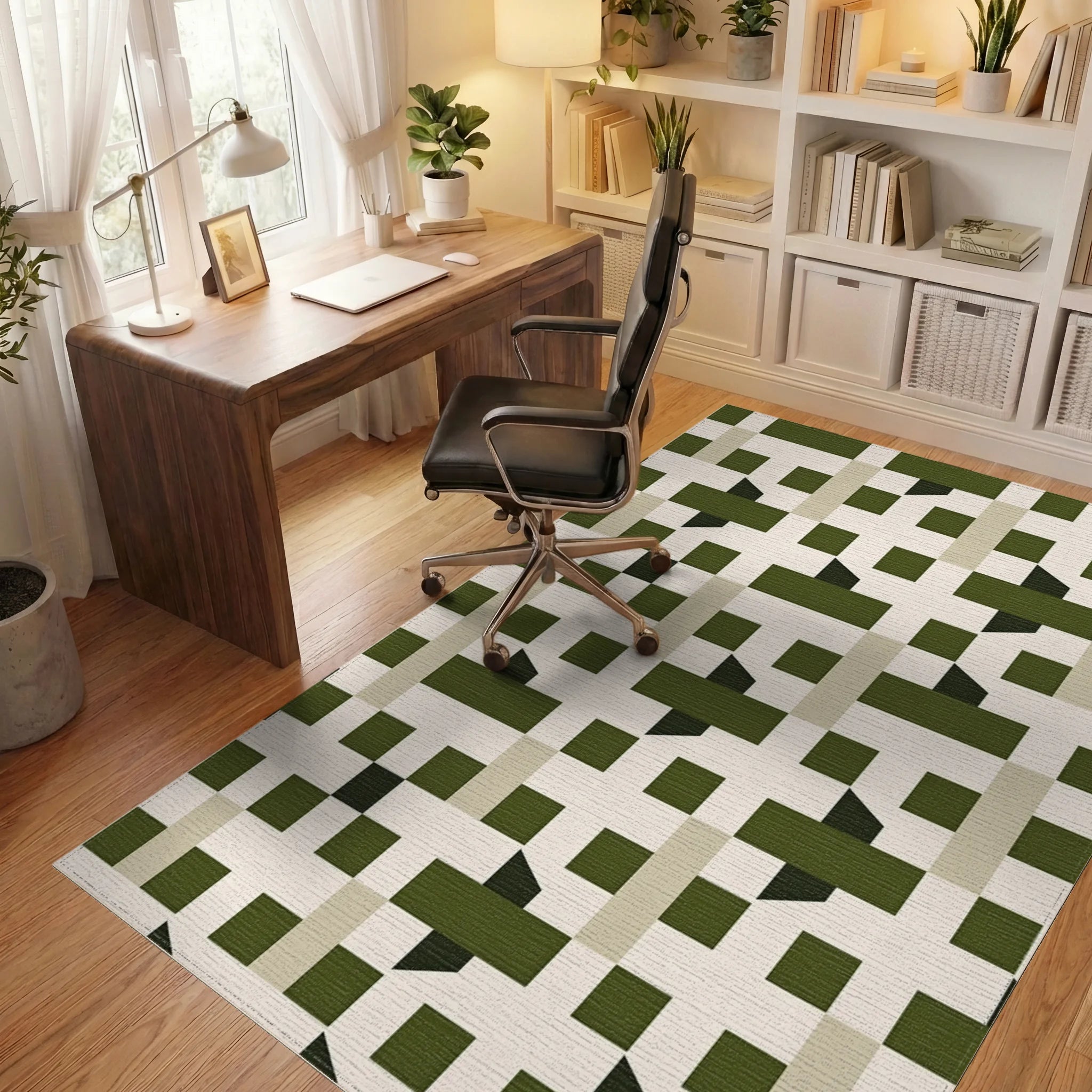 Monochrome Geometric Interlocking Squares Rug Office View