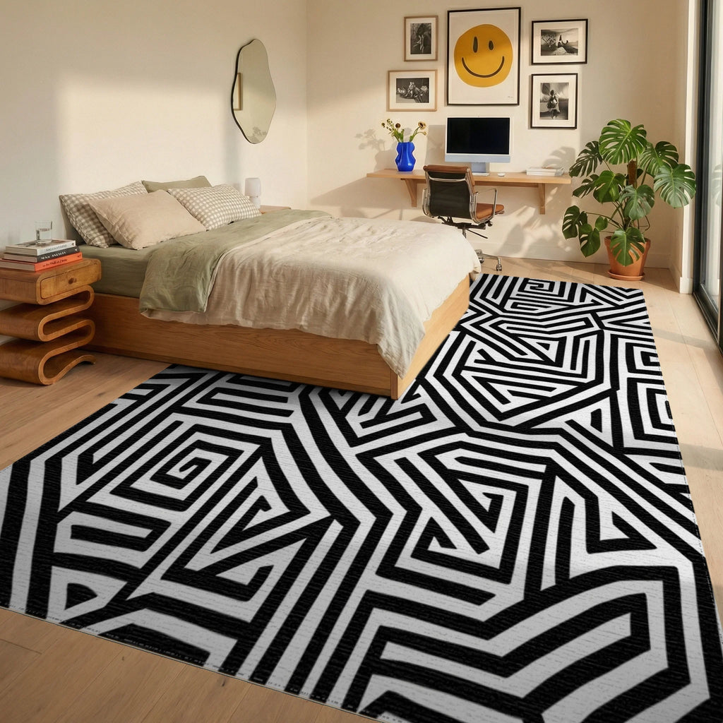 Monochrome Geometric Labyrinth Pattern Rug Bedroom View