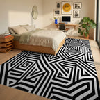 Monochrome Geometric Labyrinth Pattern Rug Bedroom View