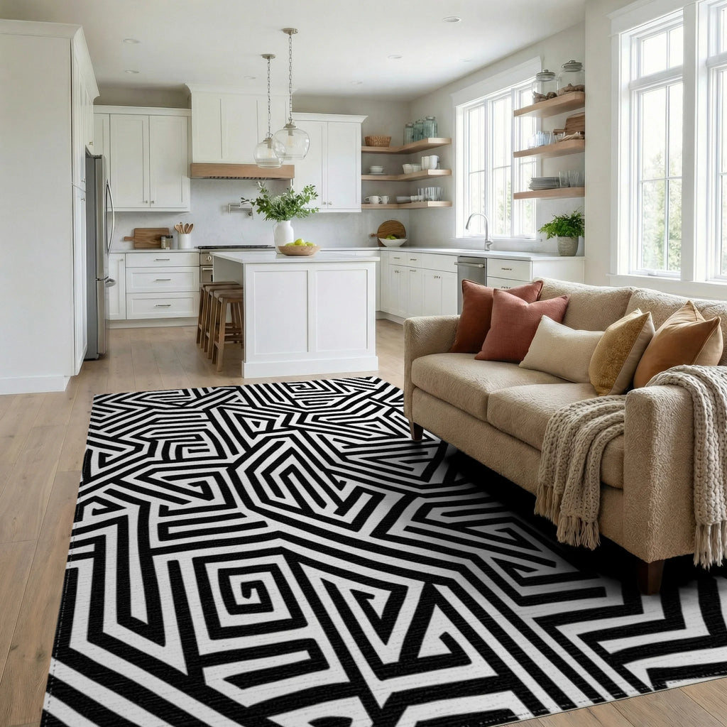 Monochrome Geometric Labyrinth Pattern Rug Living Room View