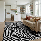 Monochrome Geometric Labyrinth Pattern Rug Living Room View