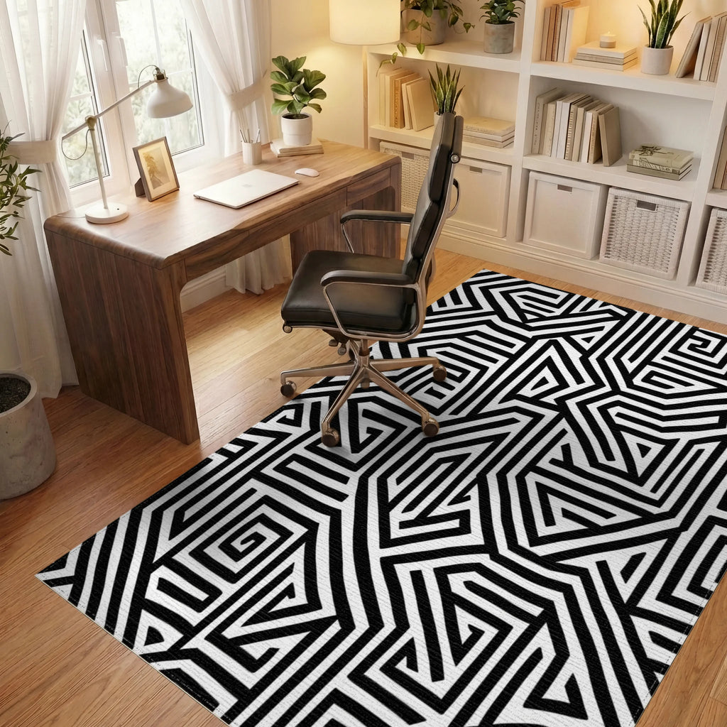 Monochrome Geometric Labyrinth Pattern Rug Office View