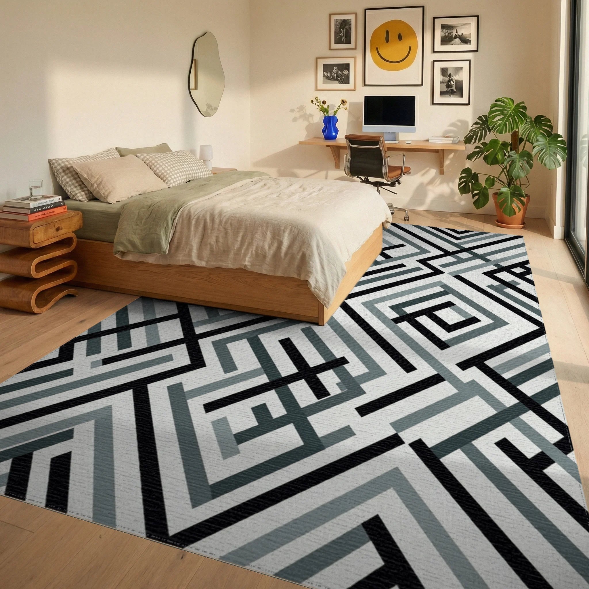 Monochrome Geometric Maze Lines Rug Bedroom View