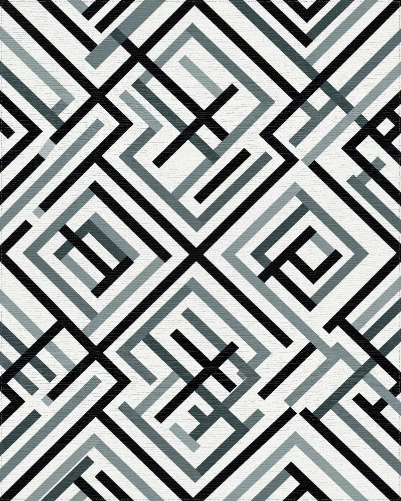 Monochrome Geometric Maze Lines Rug - Cutout View