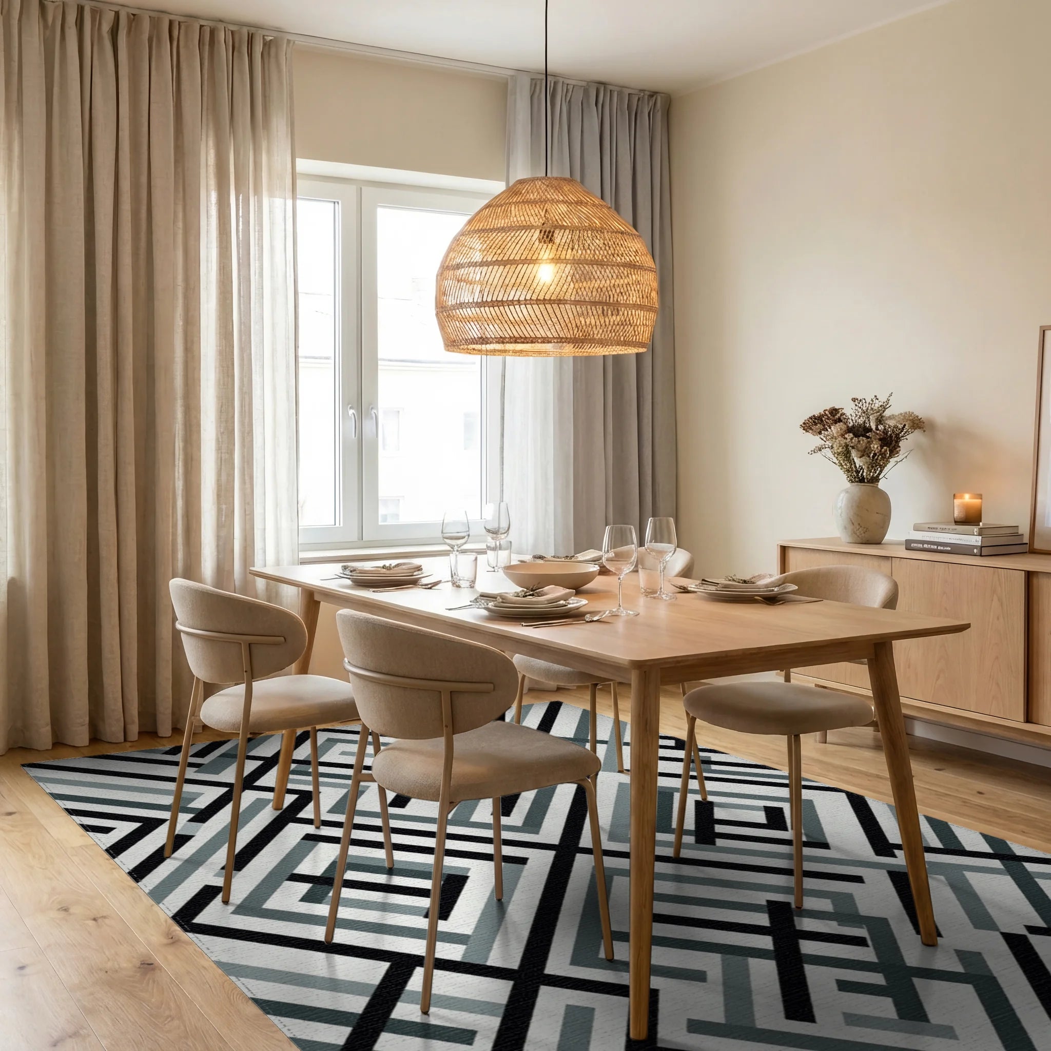 Monochrome Geometric Maze Lines Rug Dining Room View