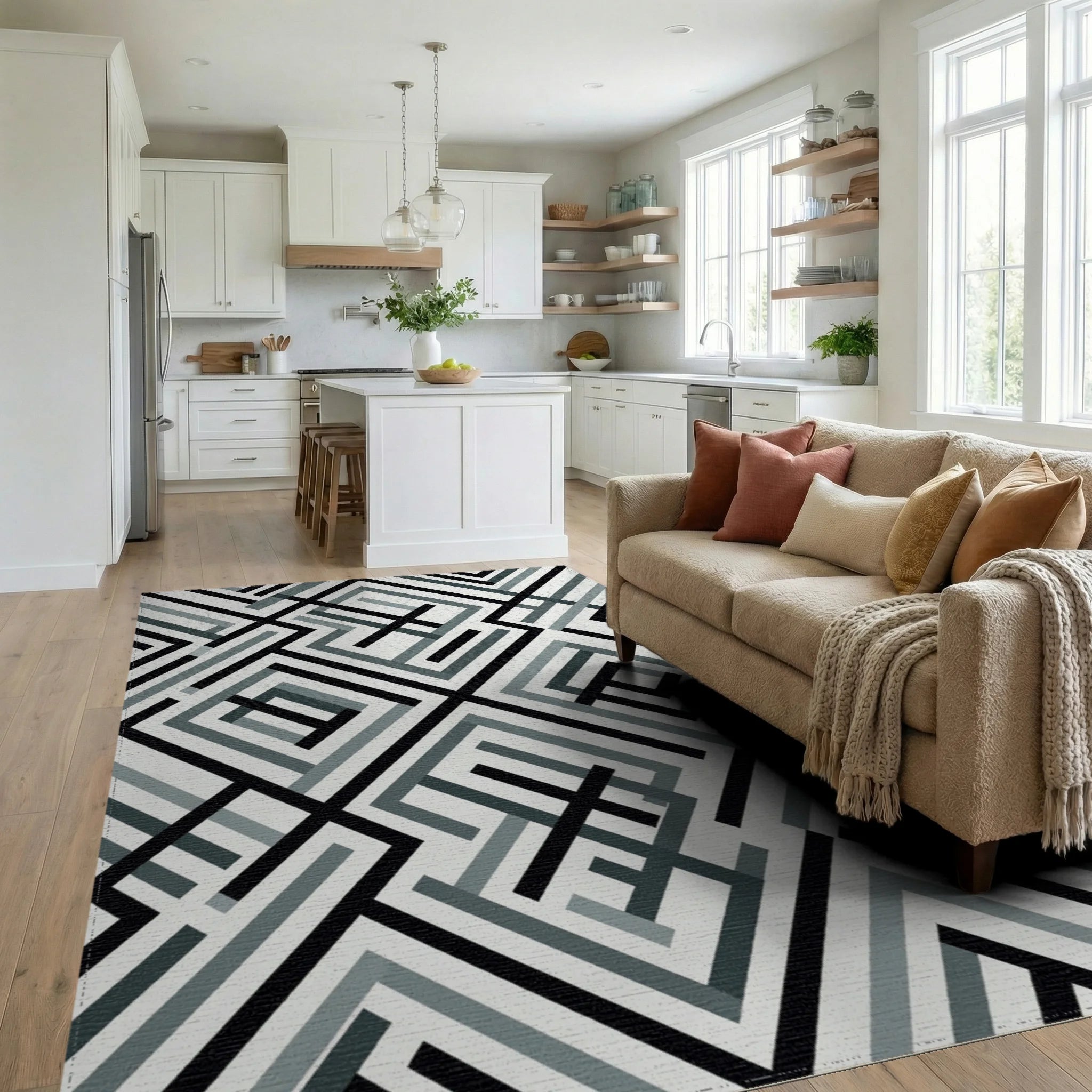 Monochrome Geometric Maze Lines Rug Living Room View