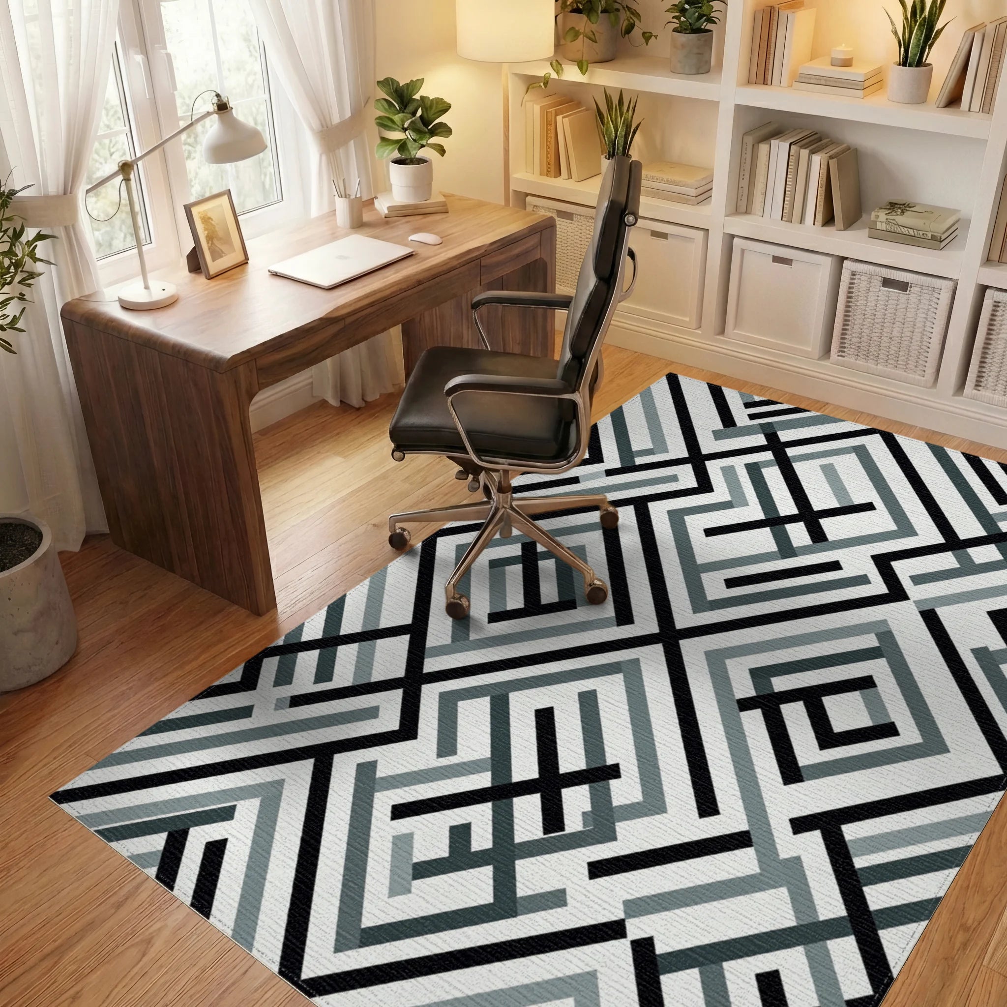 Monochrome Geometric Maze Lines Rug Office View