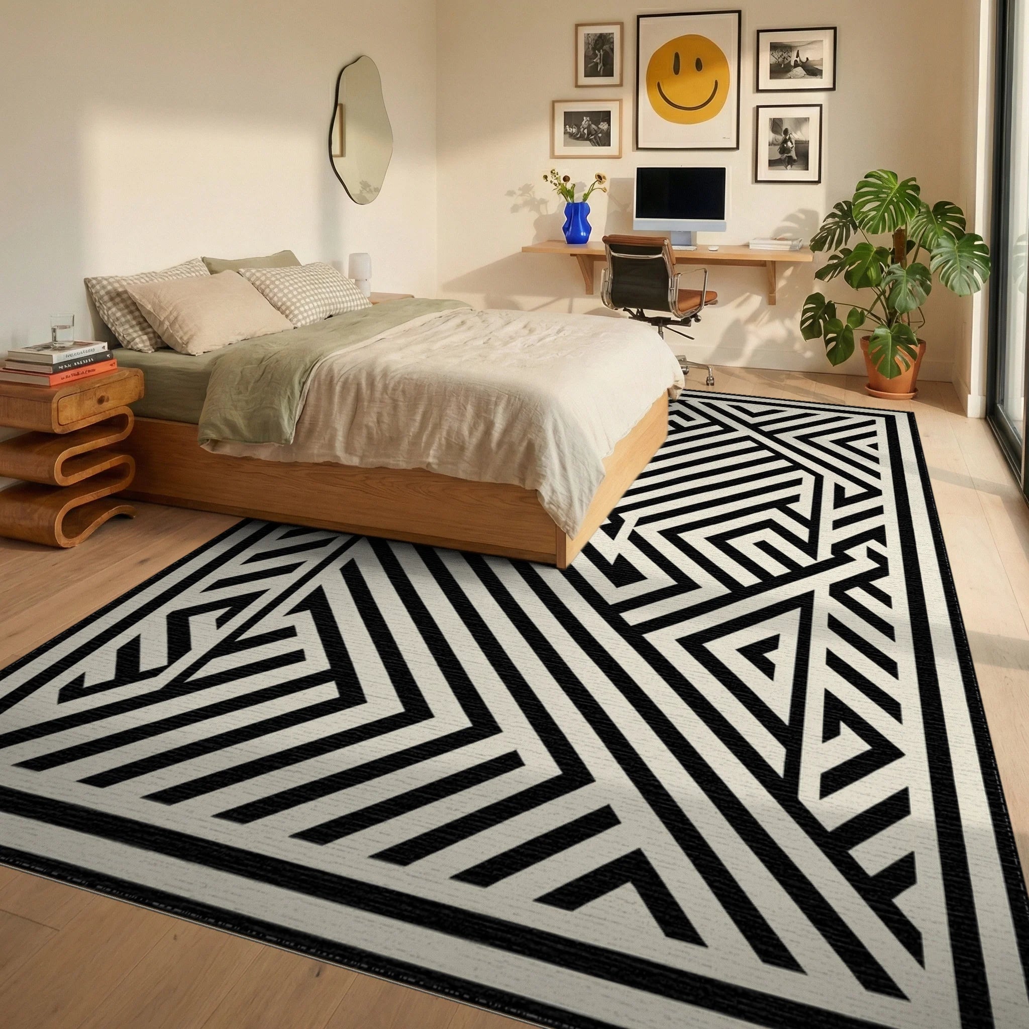 Monochrome Geometric Maze Lines Rug - Bedroom View