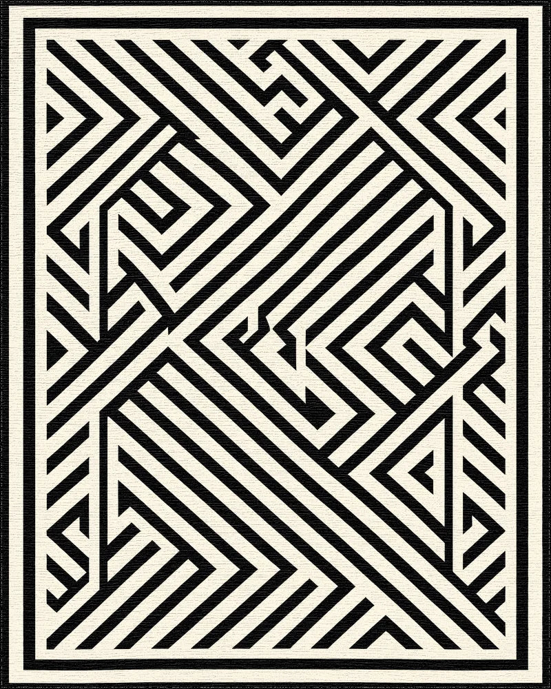 Monochrome Geometric Maze Lines Rug - Cutout View