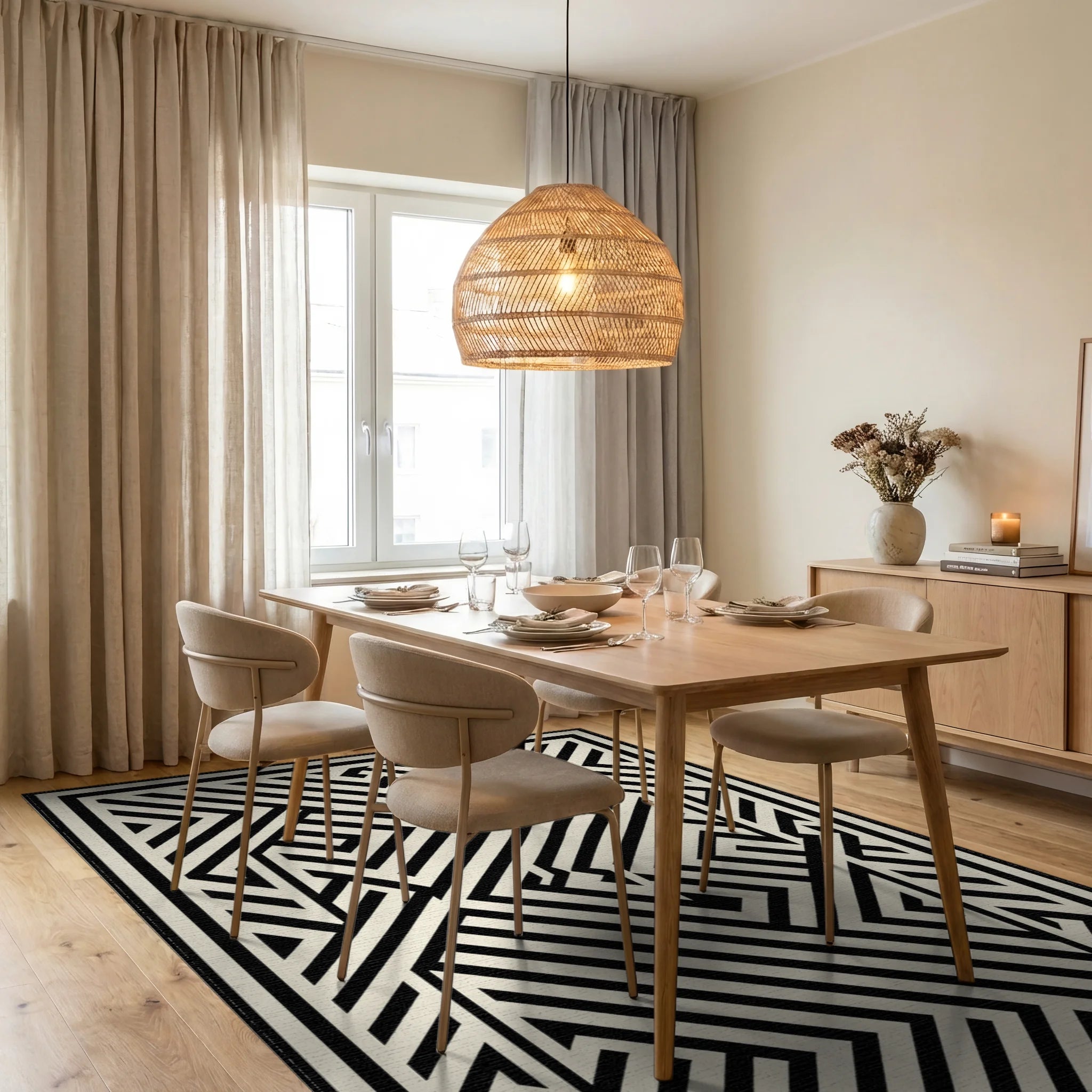 Monochrome Geometric Maze Lines Rug - Dining Room View