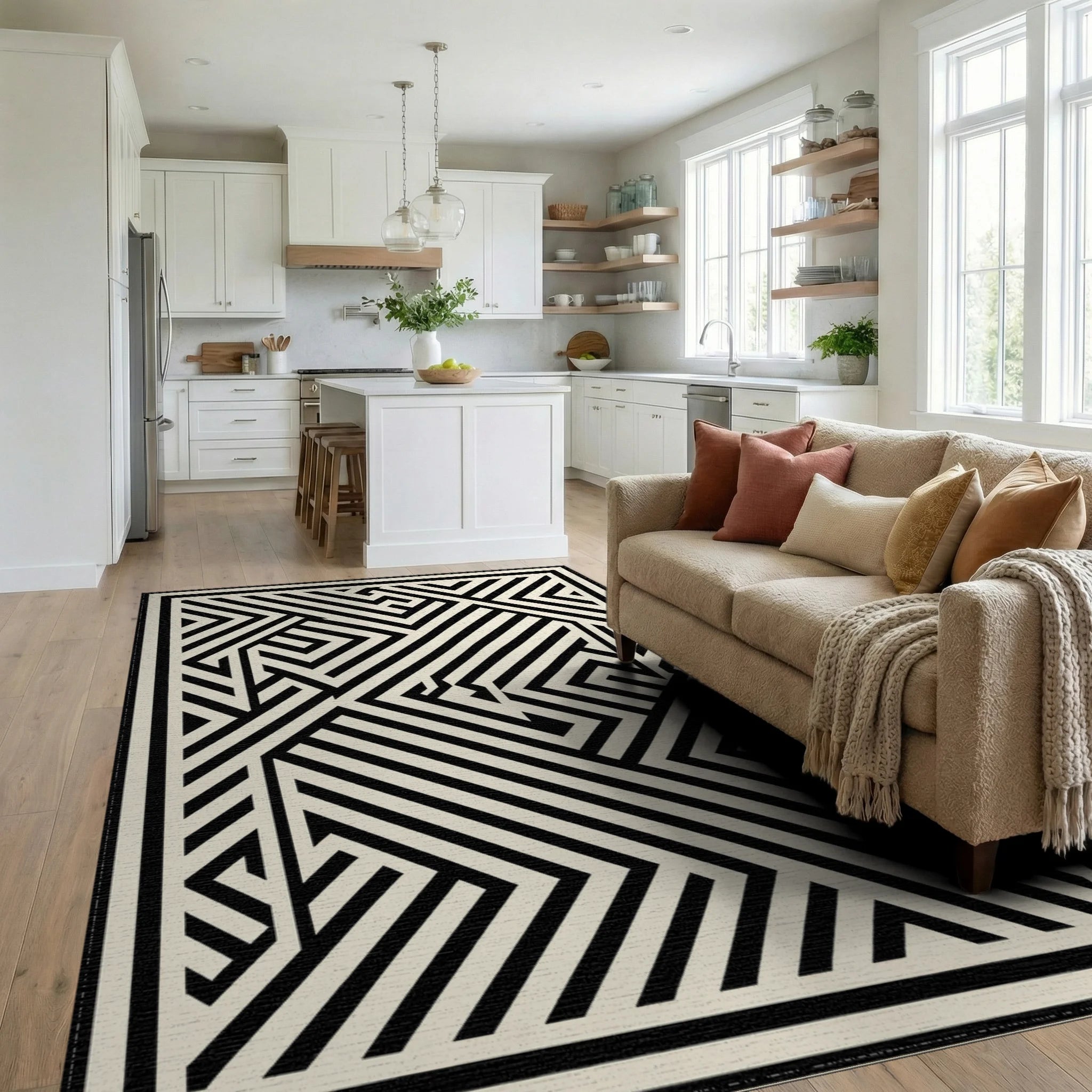 Monochrome Geometric Maze Lines Rug - Living Room View