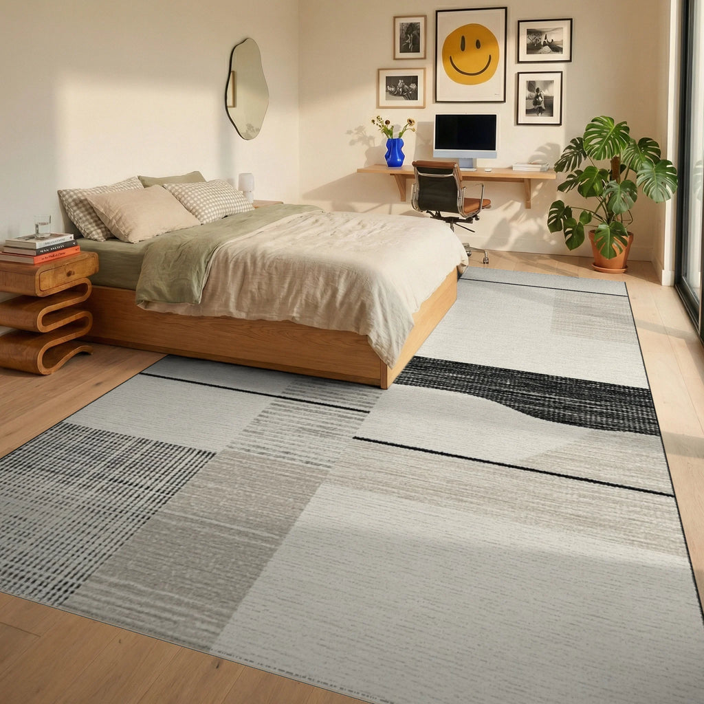 Monochrome Geometric Patchwork Texture Rug - Bedroom View