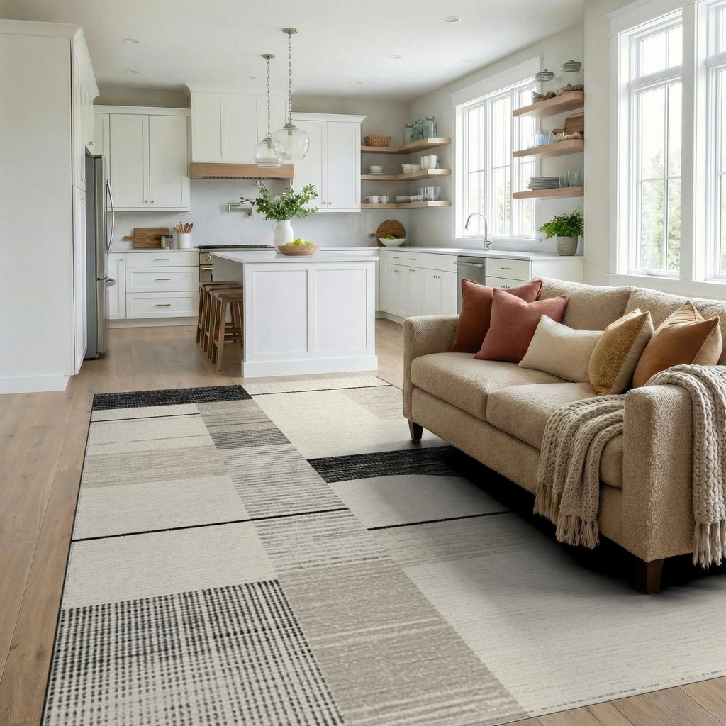Monochrome Geometric Patchwork Texture Rug - Living Room View