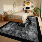 Monochrome Spiderweb Detailed Intricate Rug - Bedroom View