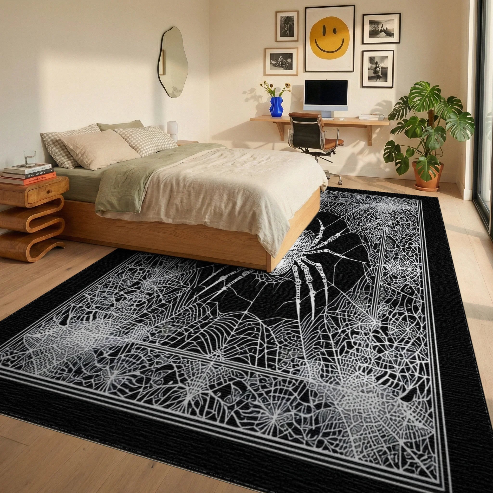 Monochrome Spiderweb Detailed Intricate Rug - Bedroom View
