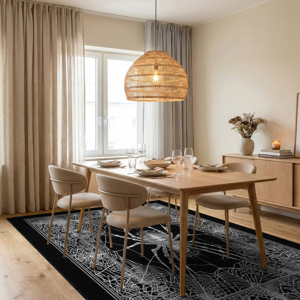 Monochrome Spiderweb Detailed Intricate Rug - Dining Room View