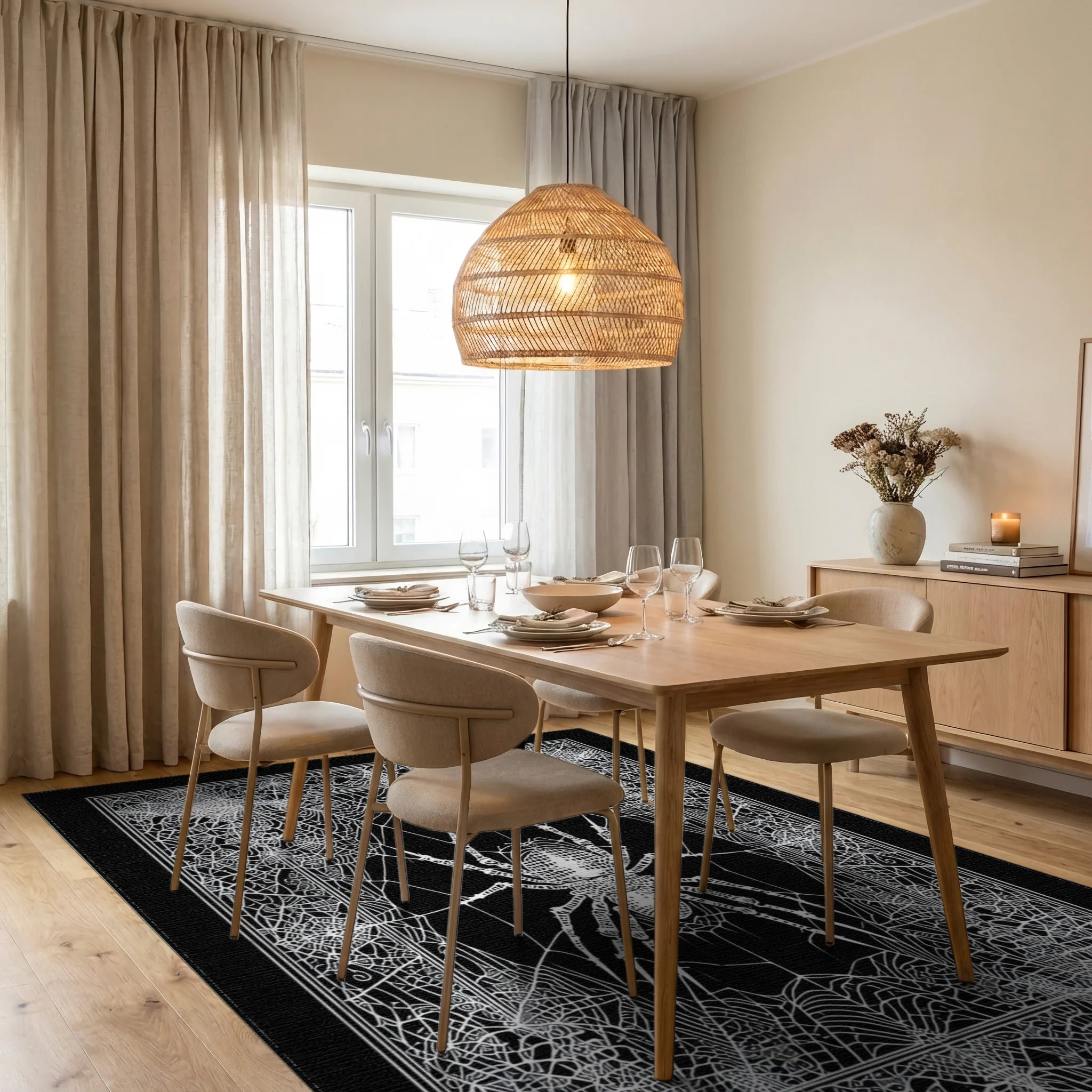 Monochrome Spiderweb Detailed Intricate Rug - Dining Room View